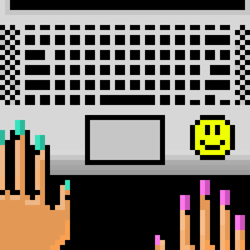 Pixel art depicting hands on MacBook Pro keyboard, smiley face sticker nearby